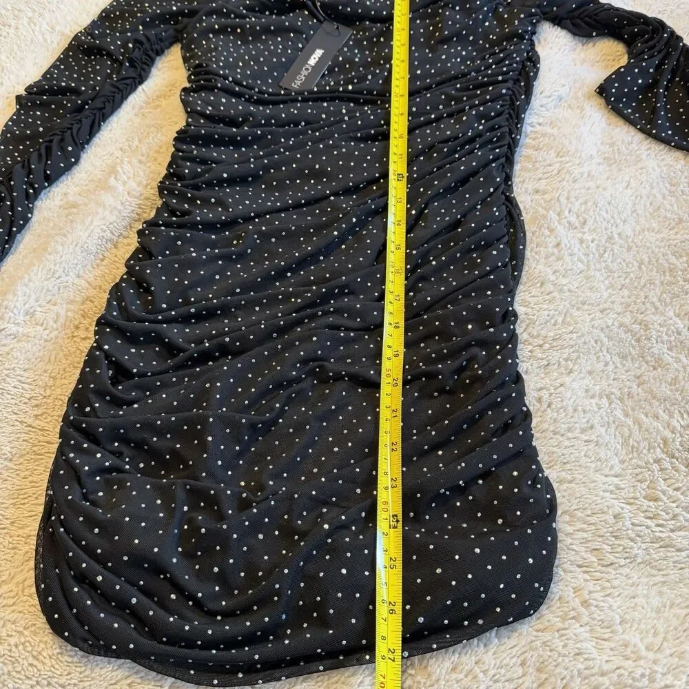 NWT Fashion Nova Tabby Mesh Rhinestone Mini Bodycon Dress Size L Stretch - Picture 7 of 7